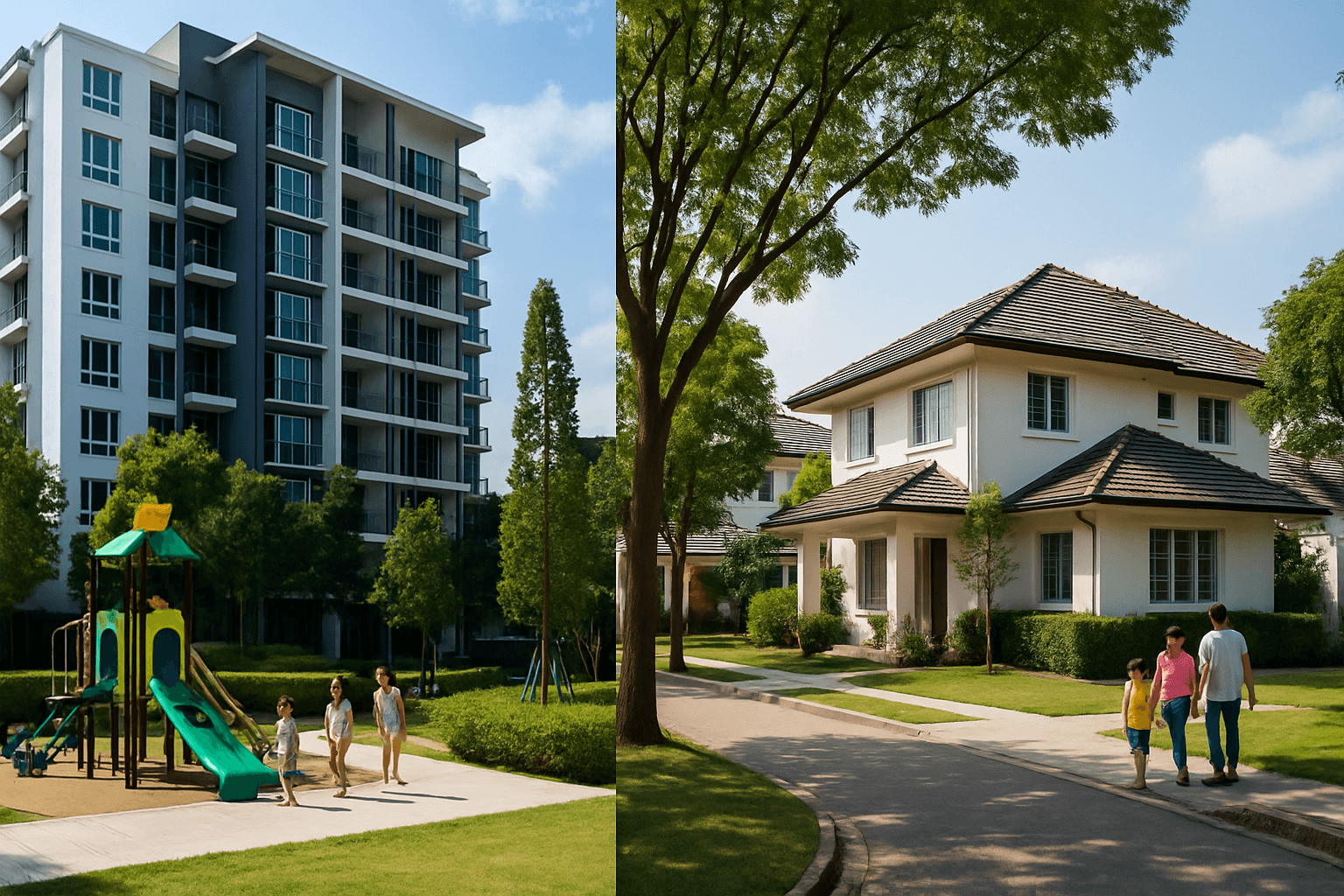 A comparison illustration showing a modern high-rise condominium complex with facilities versus a spacious double-storey landed terrace house with a garden in Malaysia.