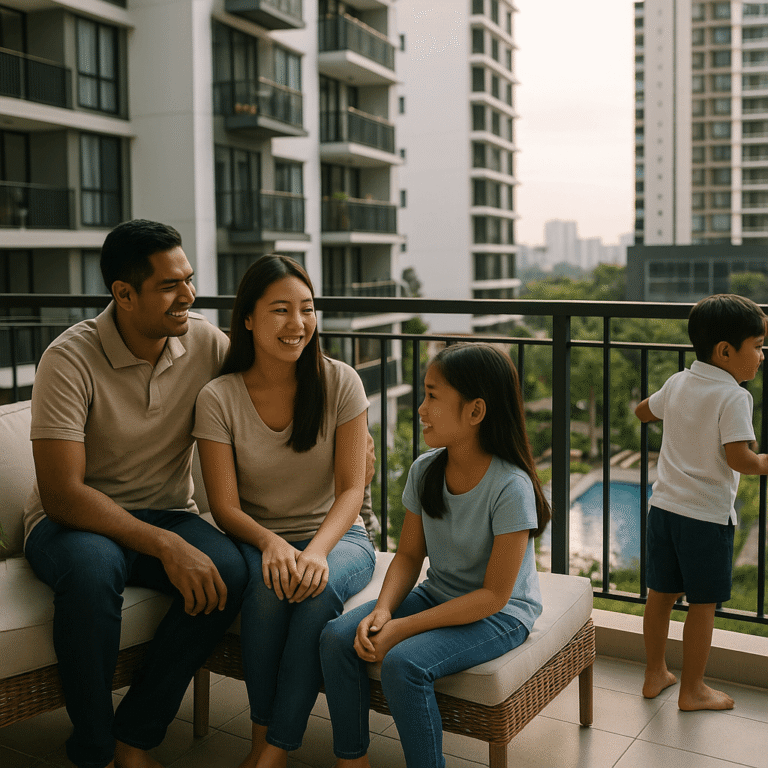 A happy family with children relaxing in a modern, spacious condominium living room in Malaysia, illustrating the lifestyle of high-rise living.