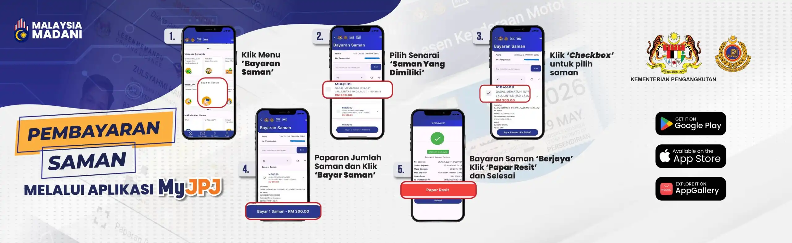 Infographic showing a step-by-step guide to paying JPJ summons through the MyJPJ mobile application