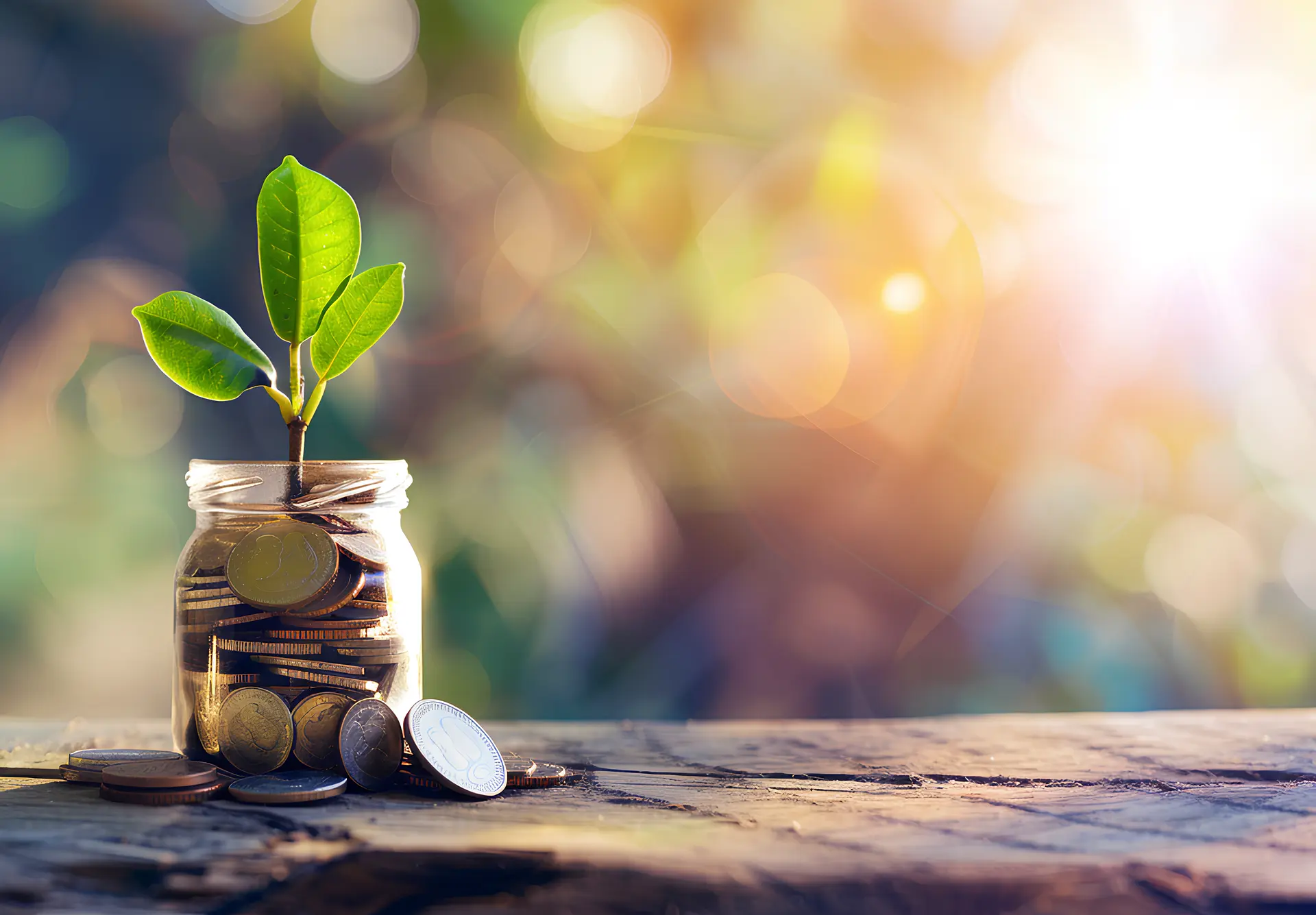 Glass jar filled with coins and a small green plant growing from it, symbolizing financial growth and savings