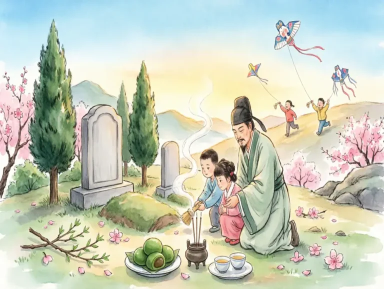 Watercolor illustration of a Chinese father and children sweeping a tomb, burning incense, and offering traditional green dumplings during Qingming Festival, with kids flying kites in the background.