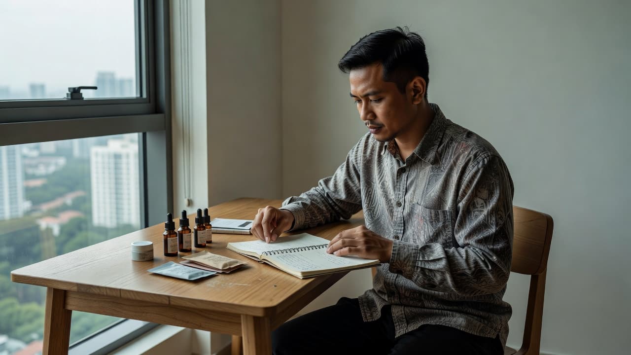 A person sits at a light wooden desk in a modern apartment, carefully reviewing a notebook while organizing small product samples. Soft natural daylight from the window highlights the clean, focused arrangement.