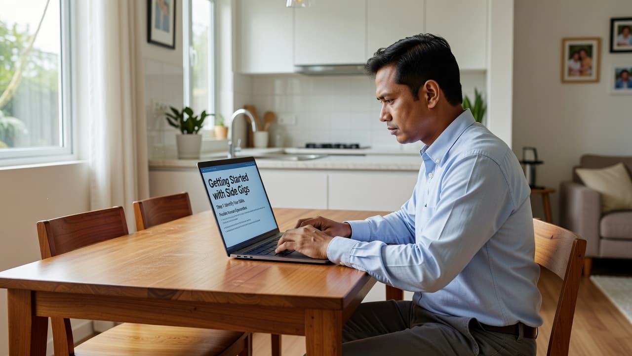 A focused Malaysian adult works on a laptop at a sleek wooden dining table inside a bright, minimalist home. Soft sunlight streams across the clean surface highlighting the tidy workspace area.