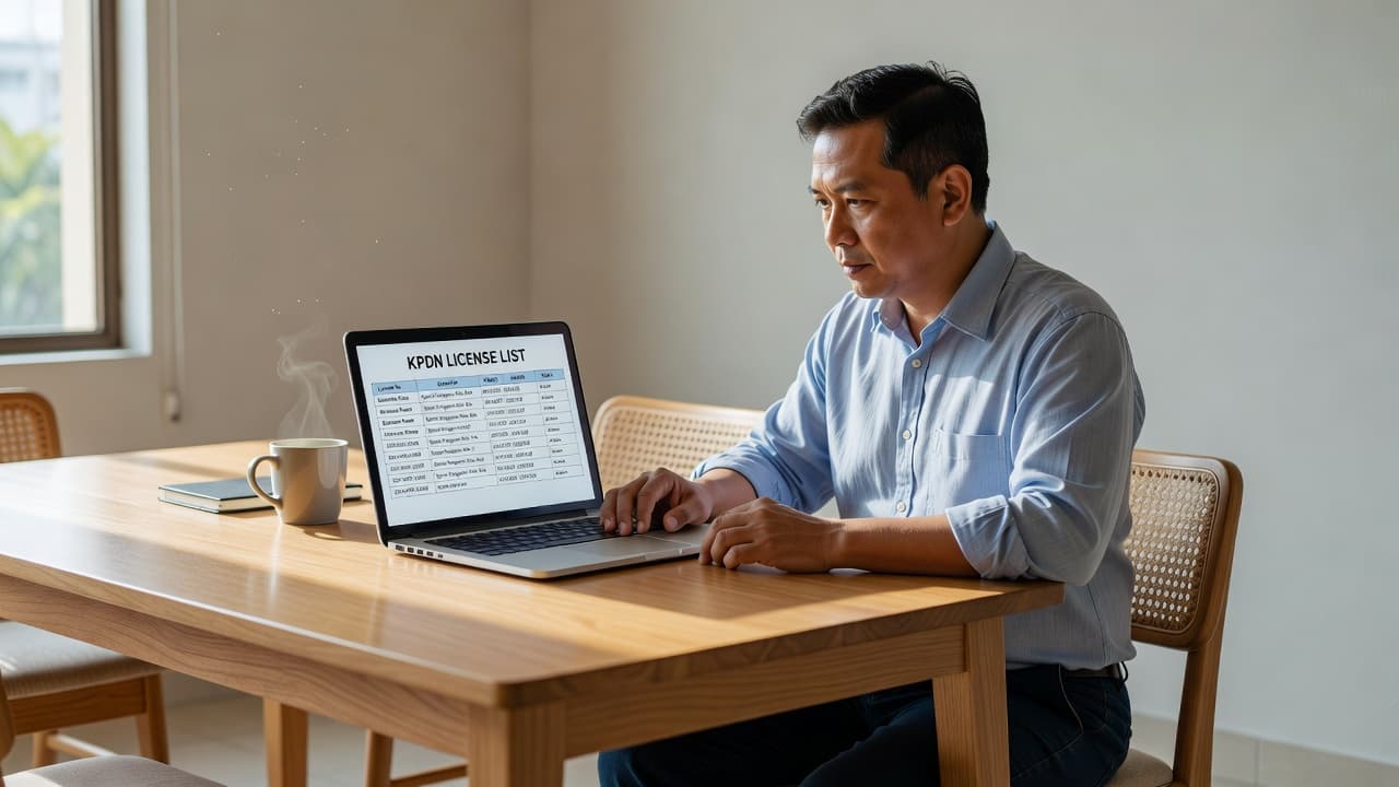 A Malaysian adult sits at a tidy wooden table, intently viewing digital business documents on a laptop screen. Soft morning sunlight illuminates the clean home workspace during a focused work session.