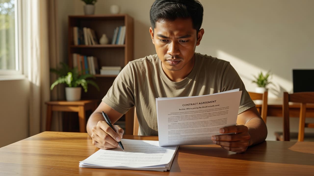 A focused young person sits at a wooden dining table, carefully reading a printed document with a pen held in their hand. Soft sunlight illuminates the tidy home and authentic textures.