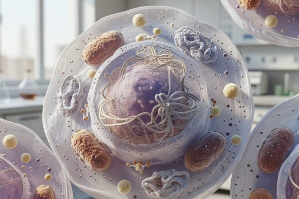 High-detail 3D rendering of a eukaryotic cell with a large nucleus and surrounding organelles in a lab setting on a bench or microscope area.