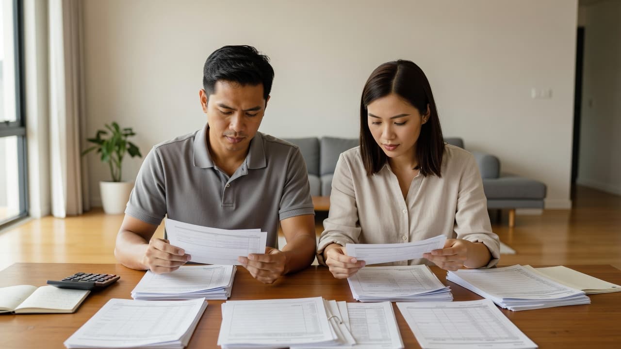 A young Malaysian couple sits at a bright wooden dining table, carefully reviewing stacks of bank statements and paperwork. They are focused on preparing financial files for a home loan application.