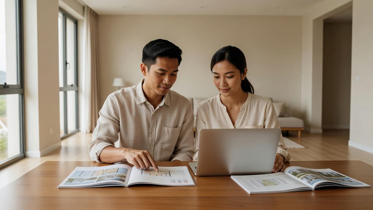 A young Malaysian couple sits at a wooden table in a sunlit living room. They are actively reviewing printed real estate brochures and a laptop to compare potential new home investments.