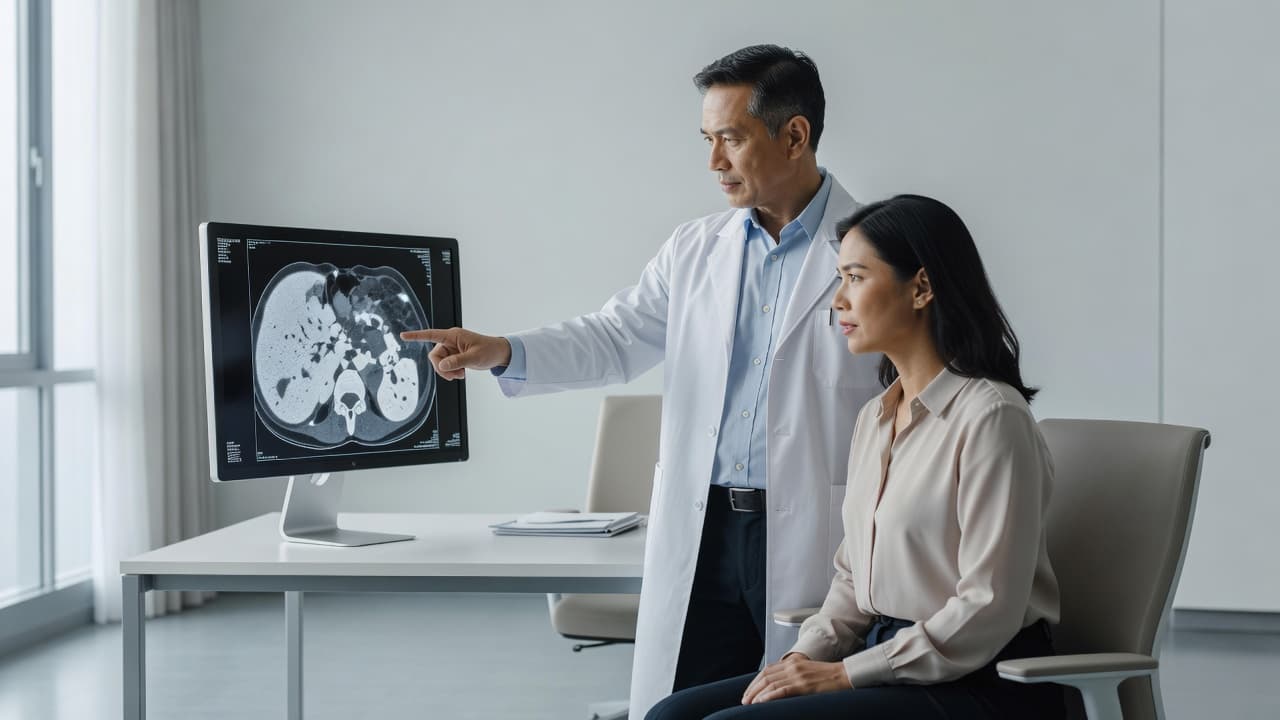 A doctor pointing at a computer screen showing a medical scan to a patient.