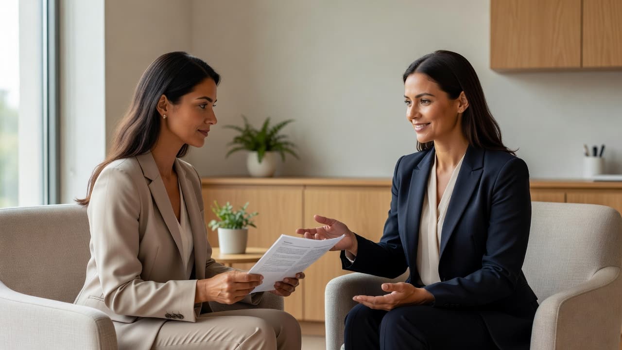 A friendly doctor discussing a medical report with a patient in a sunlit professional office.