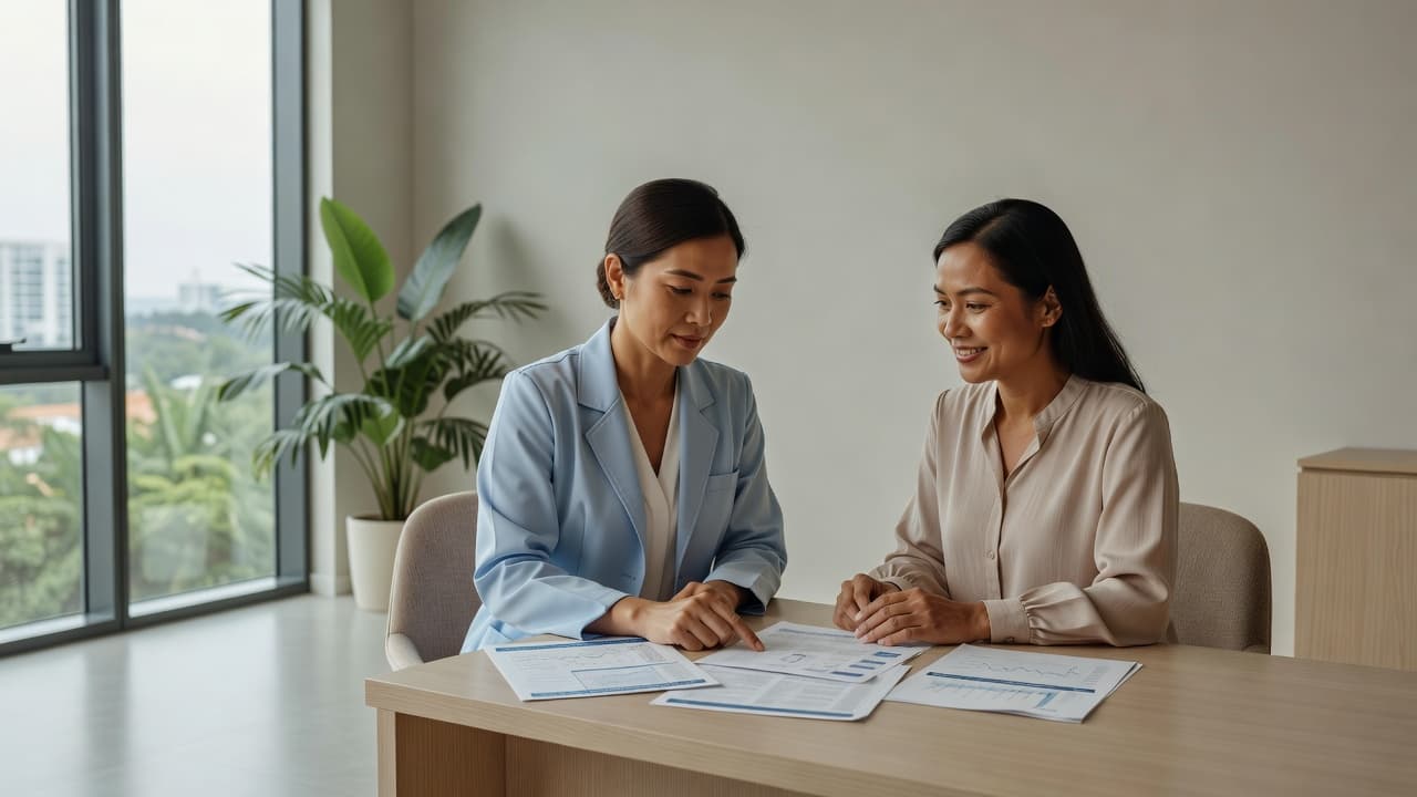 A doctor reviewing medical reports with a patient in a bright clinic.