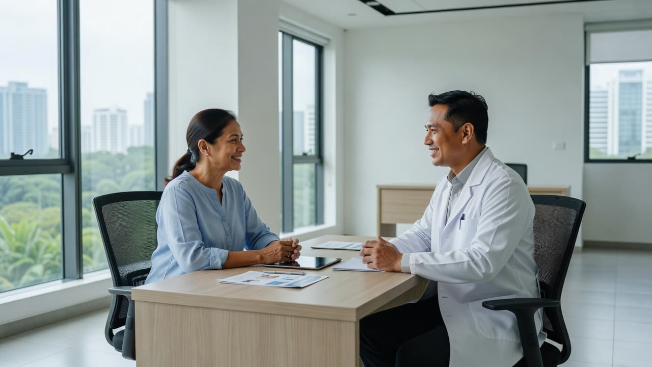 A specialist doctor having a discussion with a patient in a bright clinic.