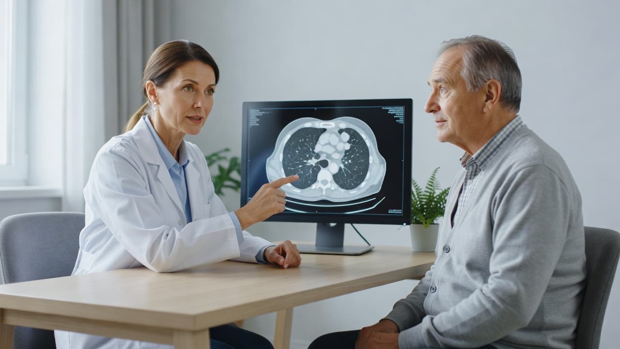 A doctor reviews lung scan results with a patient in a bright clinic.