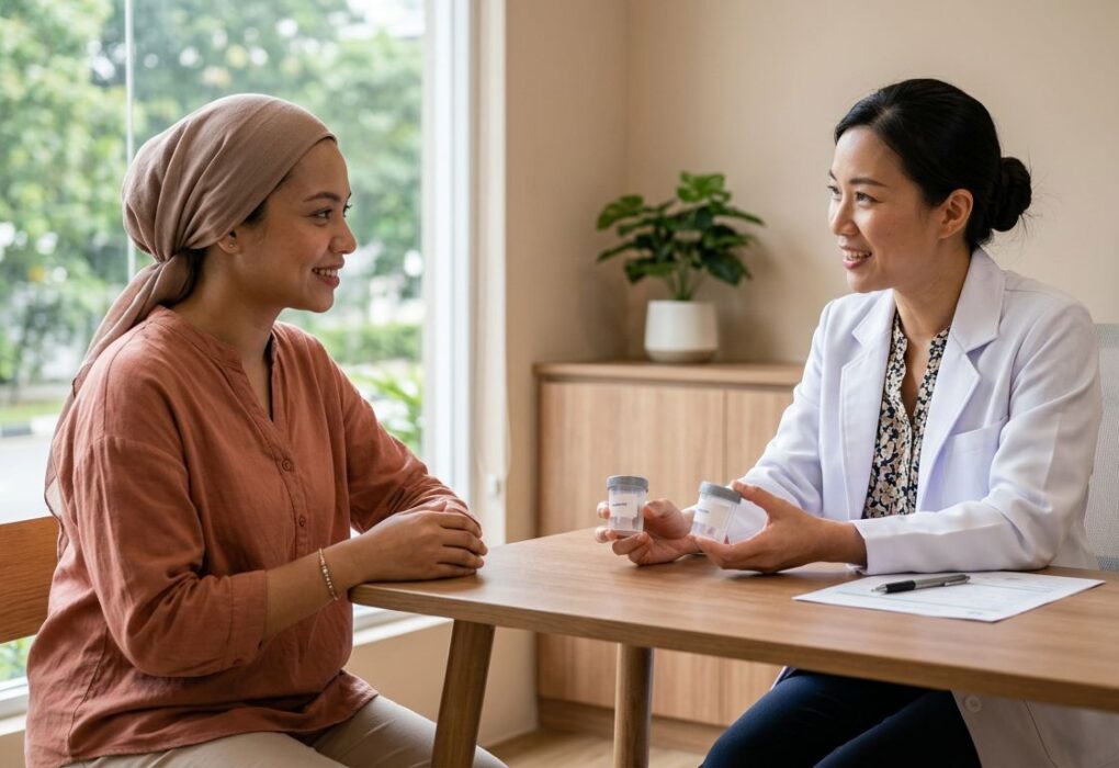 A doctor explaining screening options to a patient in a modern clinic.