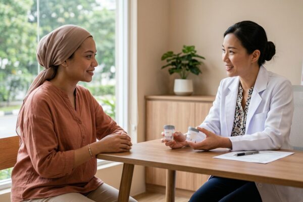 A doctor explaining screening options to a patient in a modern clinic.