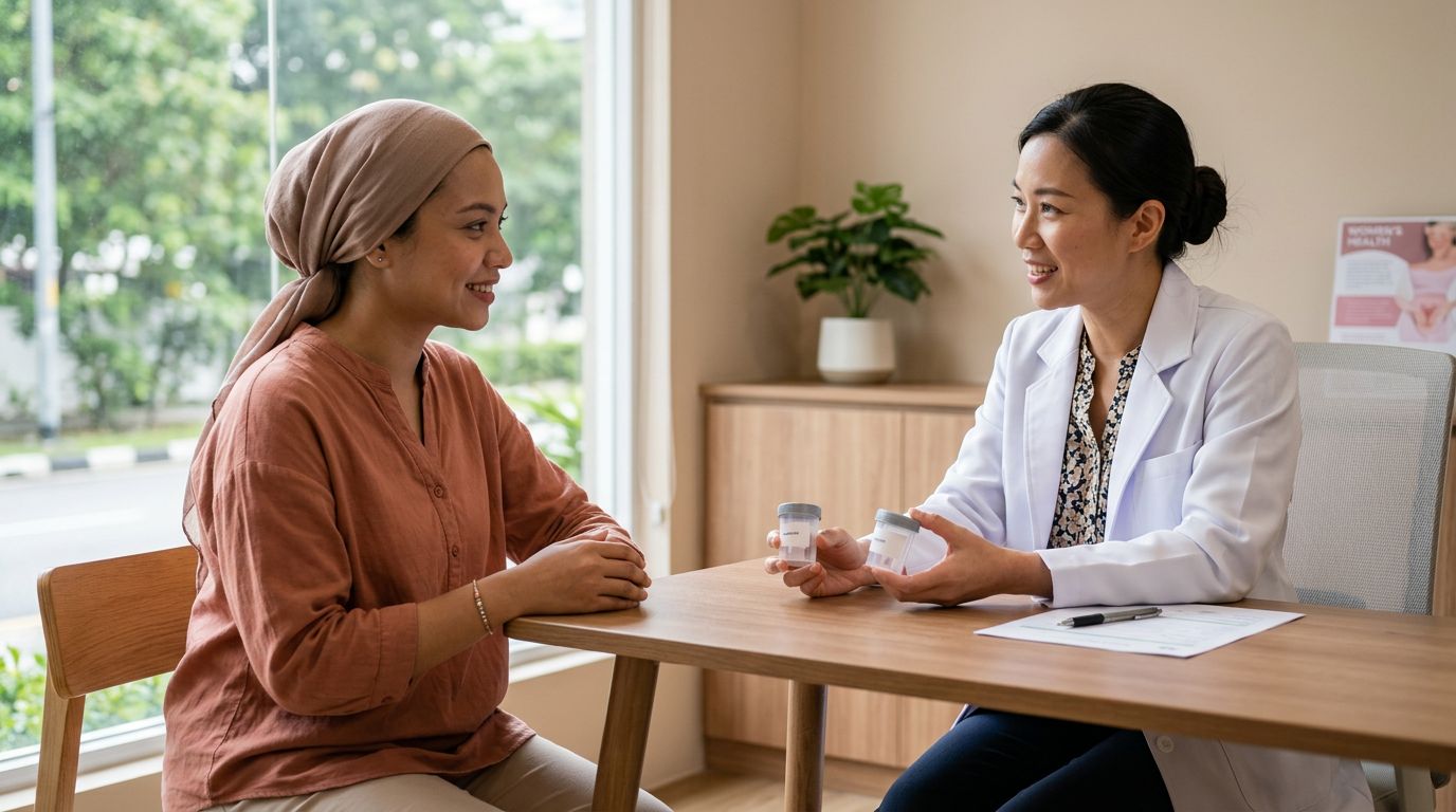 A doctor explaining screening options to a patient in a modern clinic.