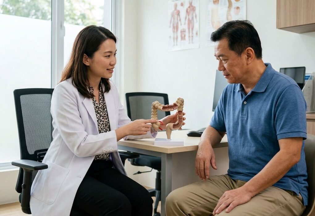 A doctor explaining a medical model to a patient in a clinic.
