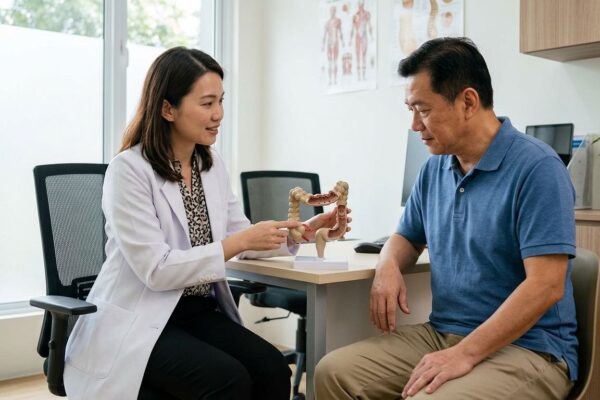 A doctor explaining a medical model to a patient in a clinic.