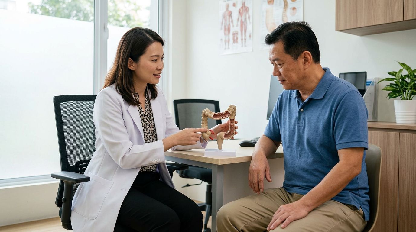 A doctor explaining a medical model to a patient in a clinic.