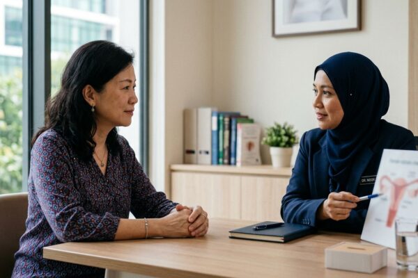 A Malaysian woman discusses her health with a female gynaecologist in a bright clinic.