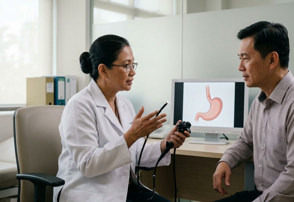 A doctor discusses a medical model with a patient in a modern clinic.