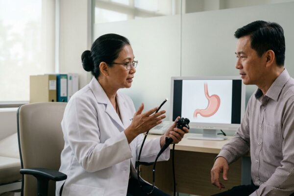 A doctor discusses a medical model with a patient in a modern clinic.