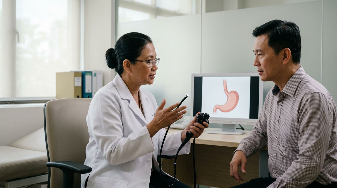 A doctor discusses a medical model with a patient in a modern clinic.