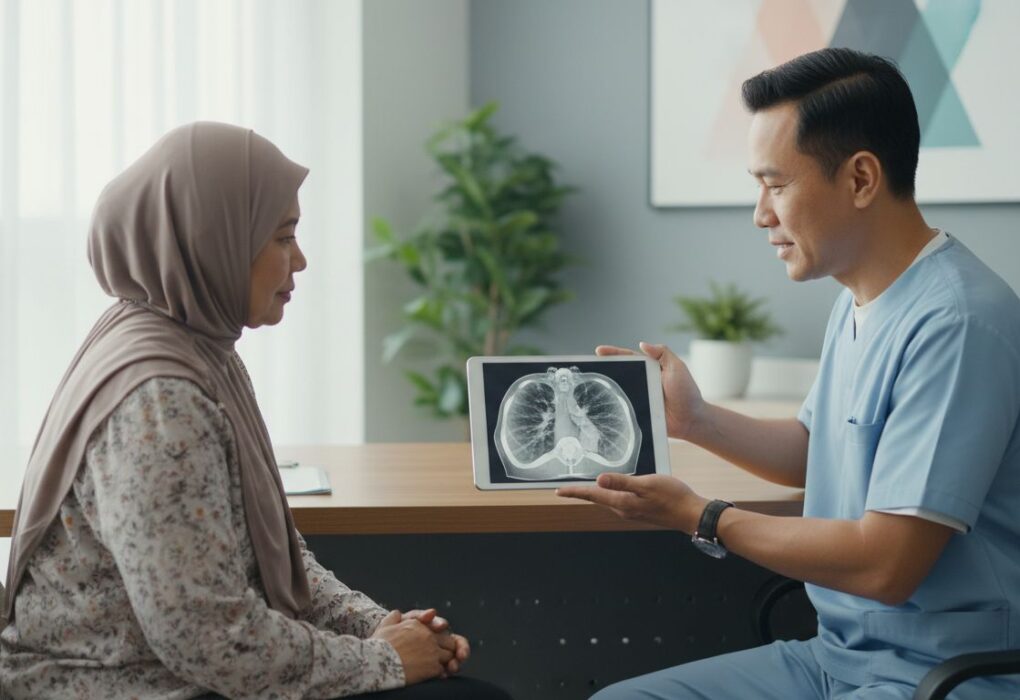 Doctor in blue scrubs shows a tablet with a lung CT scan to a patient wearing a hijab in a clinic.