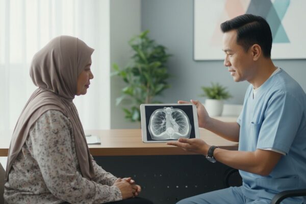 Doctor in blue scrubs shows a tablet with a lung CT scan to a patient wearing a hijab in a clinic.