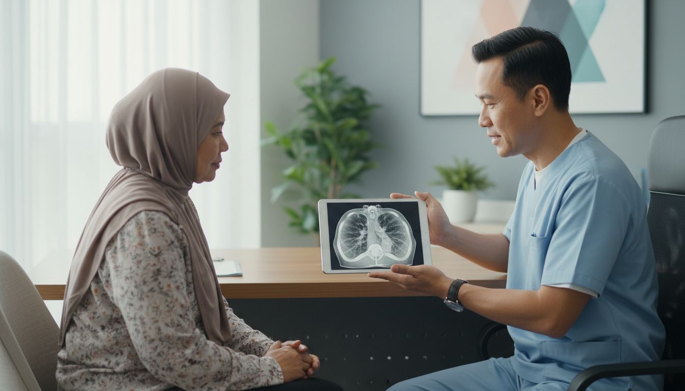 Doctor in blue scrubs shows a tablet with a lung CT scan to a patient wearing a hijab in a clinic.