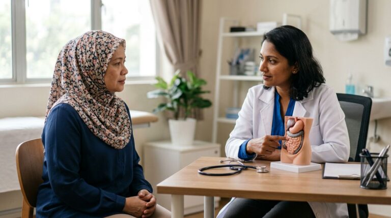 Doctor in white coat shows a torso model of the digestive system to a patient wearing a hijab in a clinic.