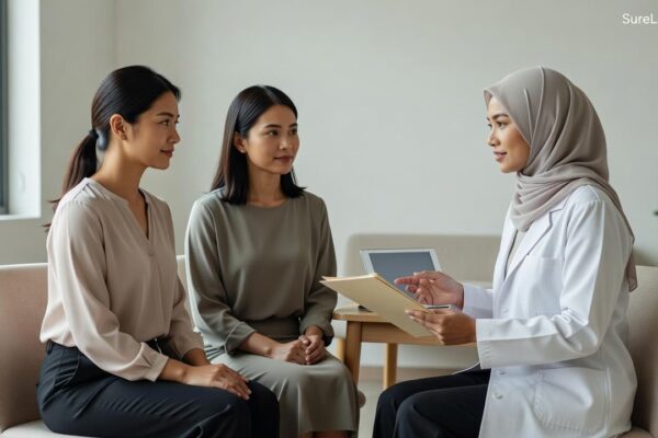 Female doctor in a beige hijab consultations with two women in a clinic, reviewing a clipboard together: professional and caring.