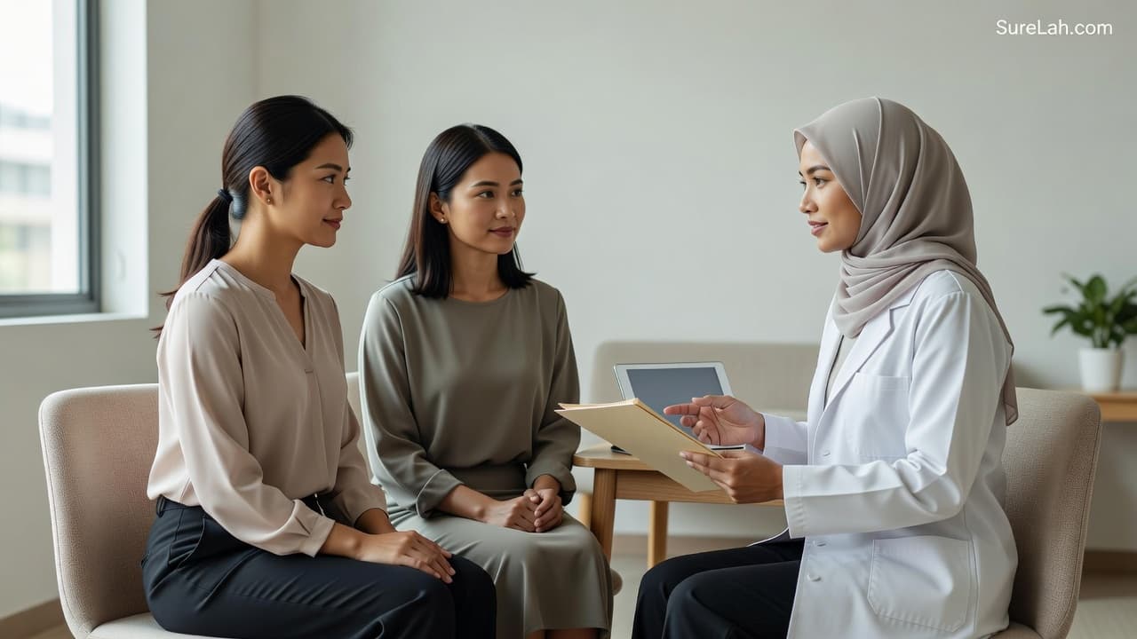 Female doctor in a beige hijab consultations with two women in a clinic, reviewing a clipboard together: professional and caring.