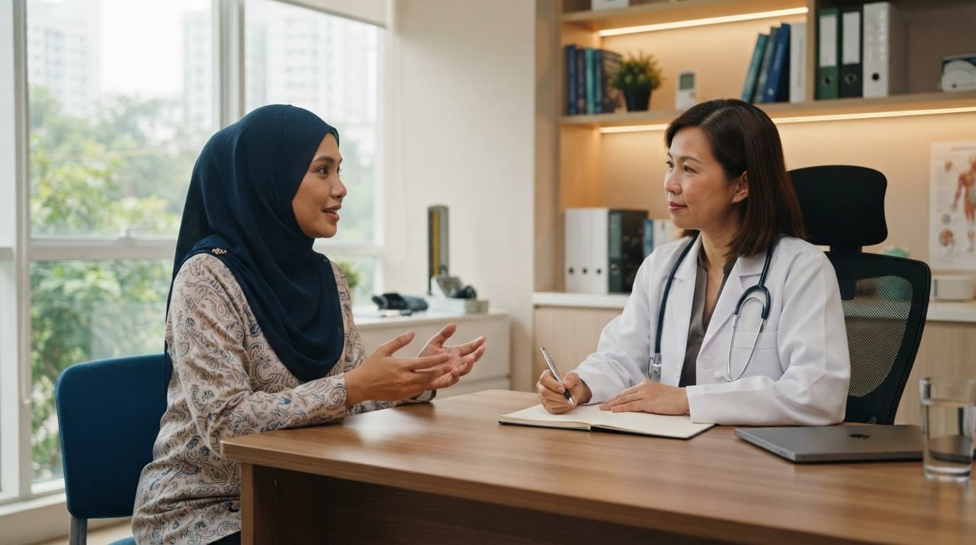 A woman calmly discusses her symptoms with a doctor in a modern clinic.