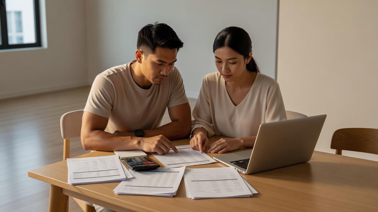 A young Malaysian couple sits together at a clean wooden dining table, focused on a laptop and scattered paperwork. Soft natural sunlight illuminates their collaborative effort to manage family financial budgets.