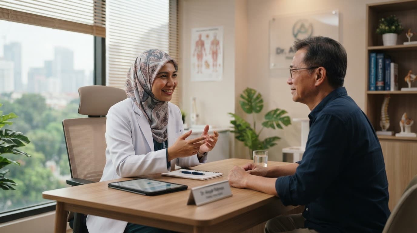A doctor having a calm discussion with a patient in a modern clinic.