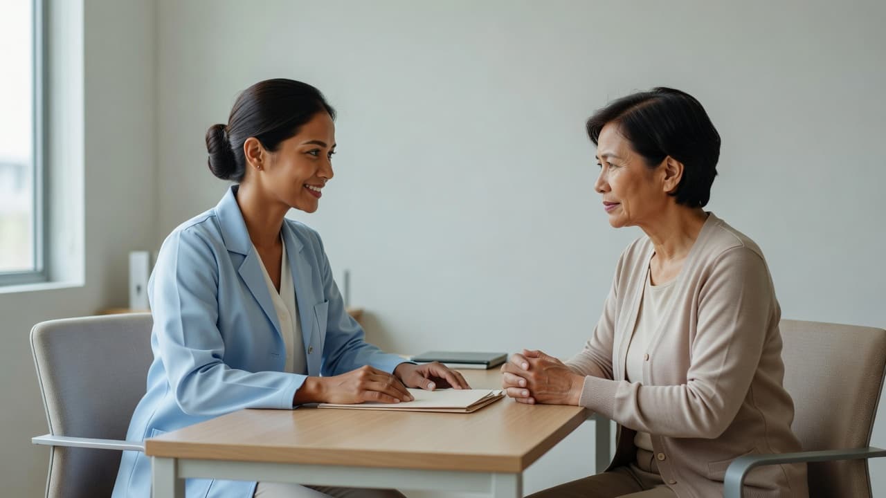 Female clinician in a light blue coat chats with an older patient across a desk in a clinic.