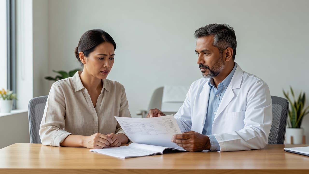 An oncologist calmly discusses a medical report with a patient in a modern clinic.