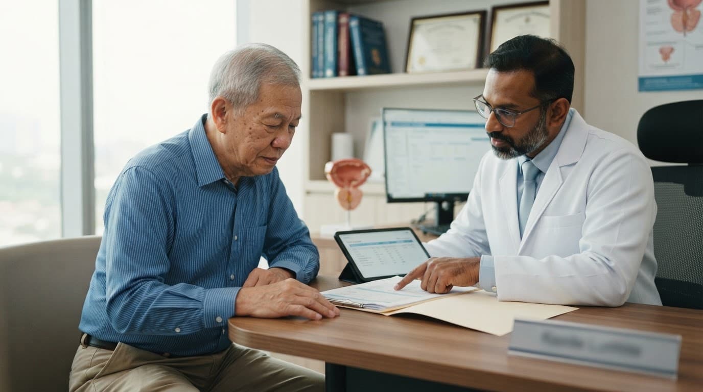 An older patient and doctor reviewing a medical chart in a modern clinic.