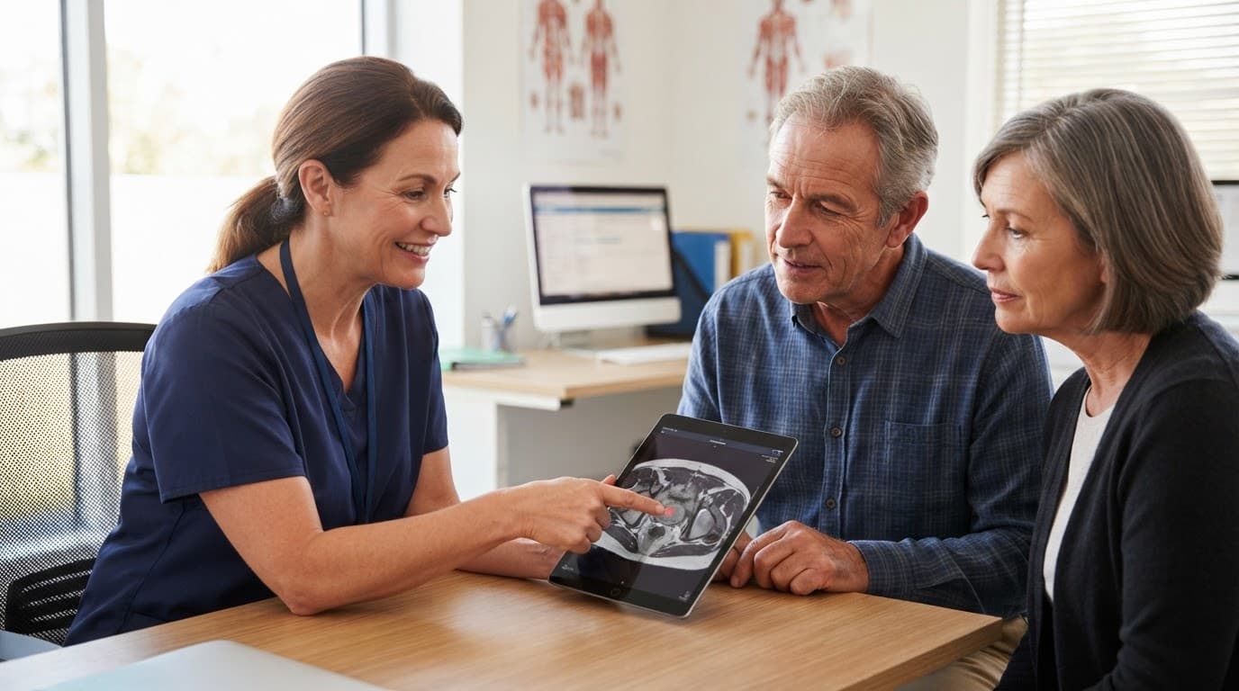 A doctor pointing at a digital scan on a tablet while speaking with a family member in a clinic.