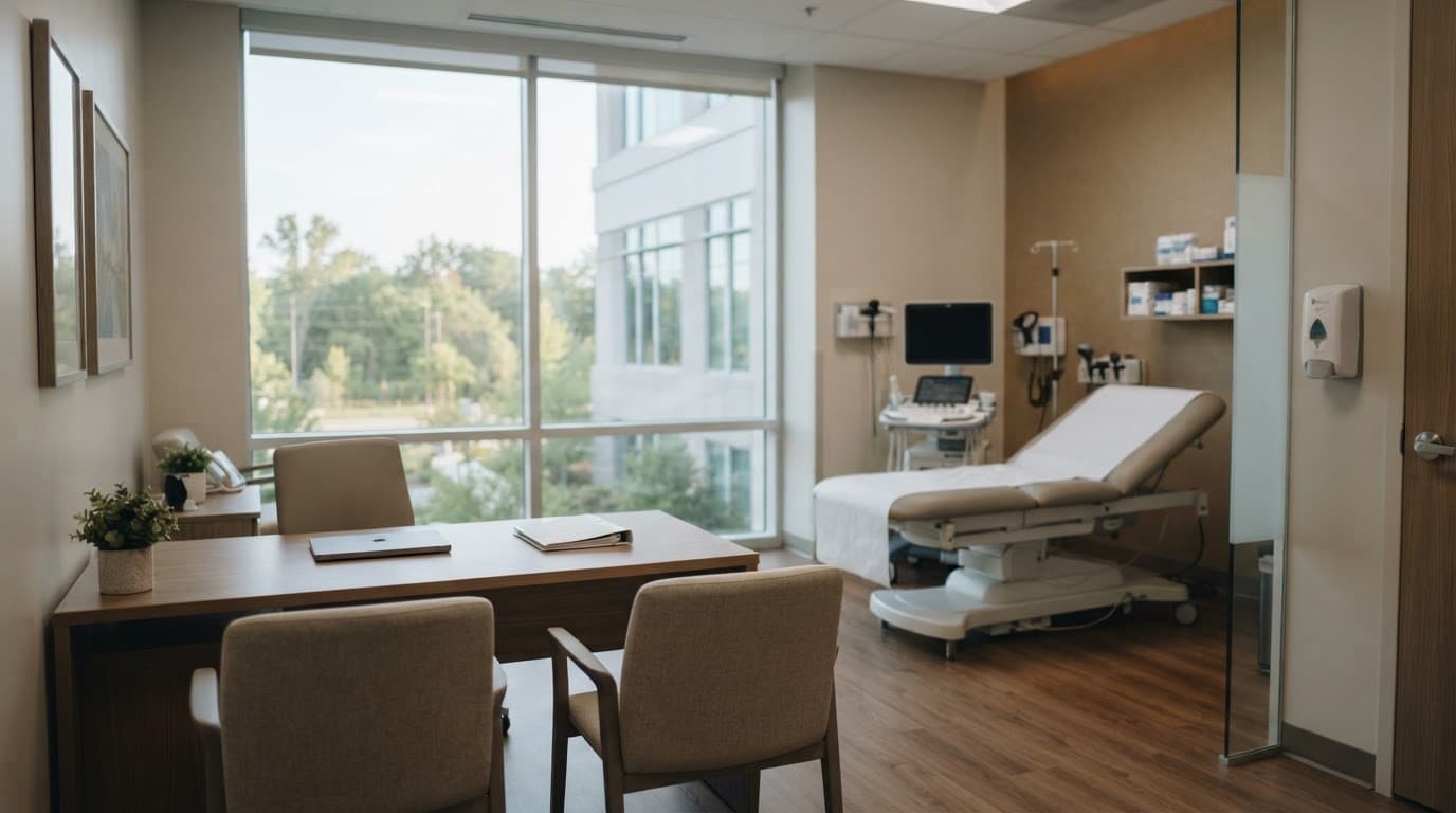 An empty hospital consultation room with an examination table and softly blurred equipment.