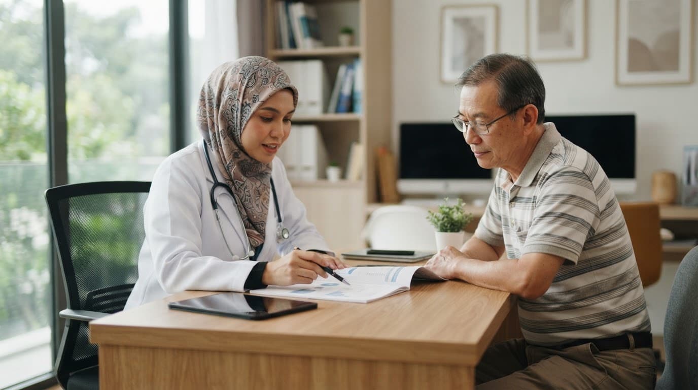 A doctor and patient review a medical report at a desk in a bright clinic.