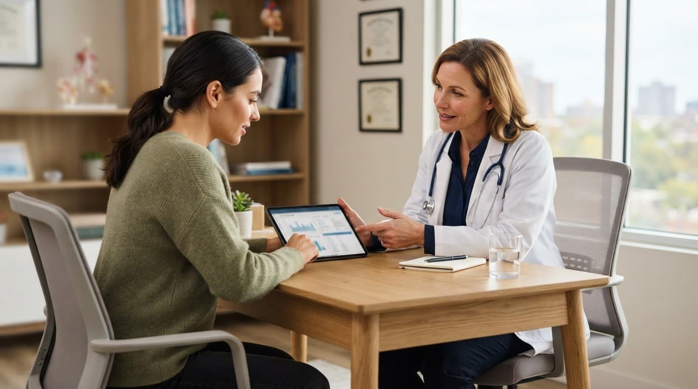 A doctor and patient review test results on a tablet in a bright office.