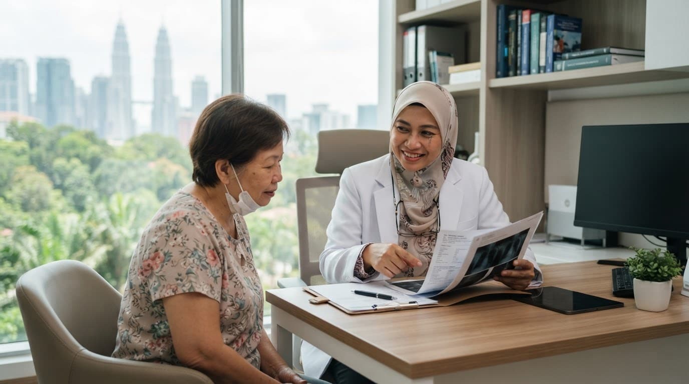 A doctor and patient review a medical file in a bright clinic.