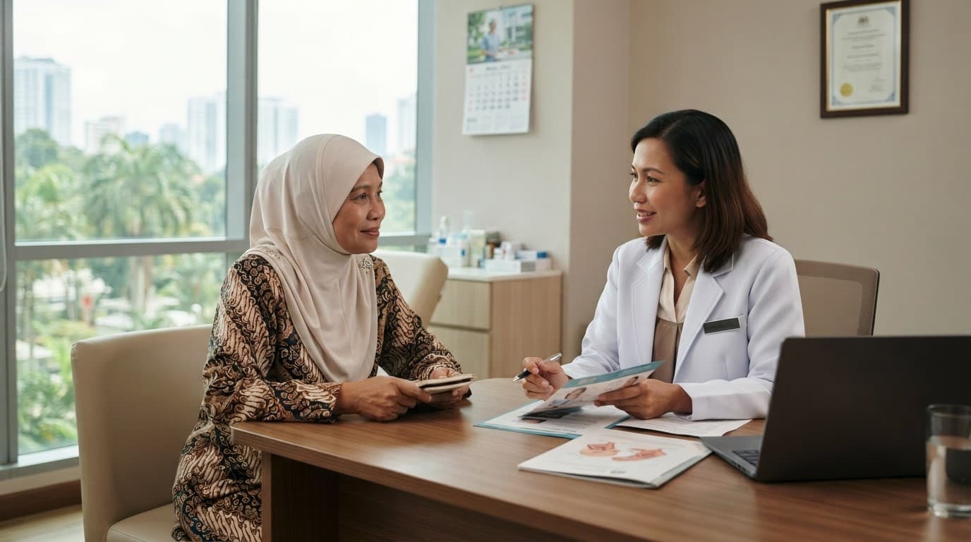A woman speaks with a female doctor in a softly lit hospital consultation room.