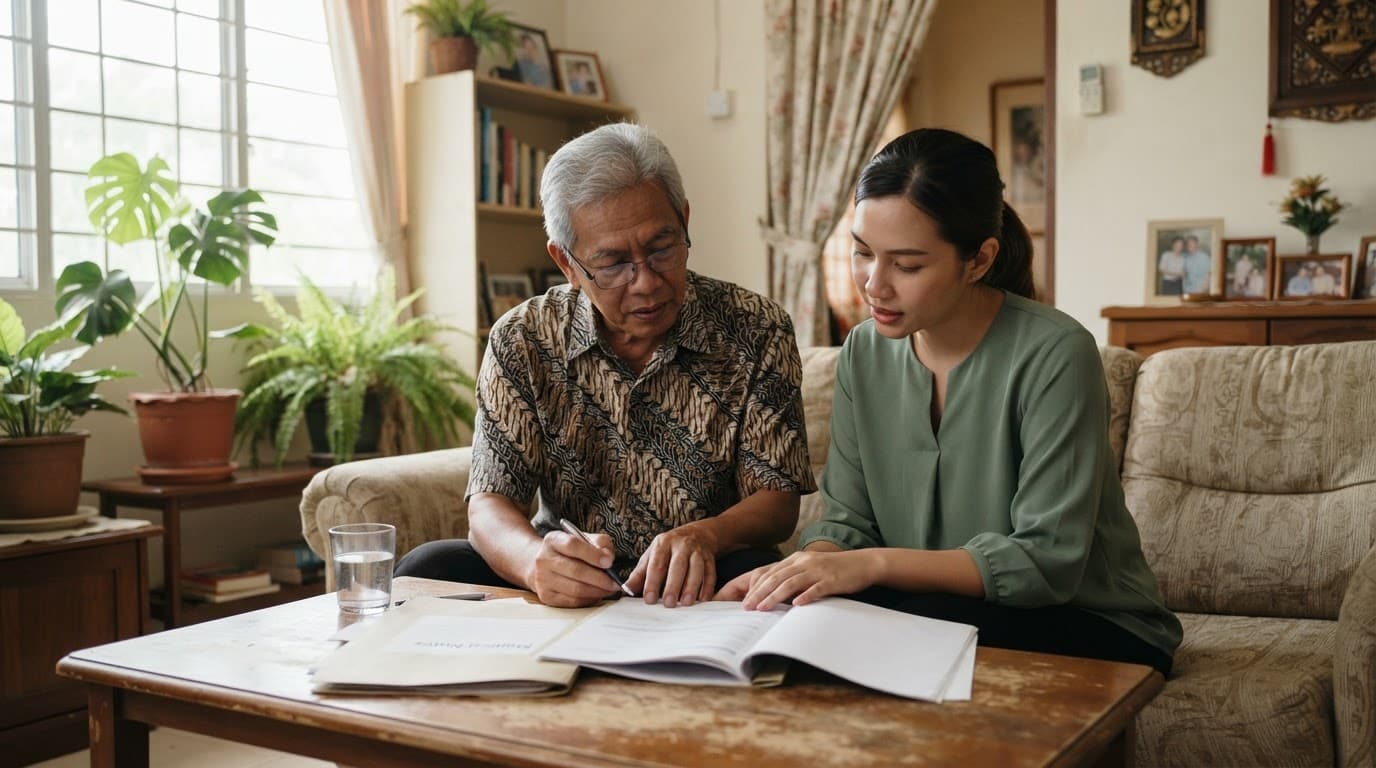A patient and family member review medical notes together in a warmly lit living room.