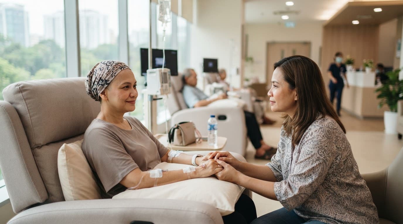 A family member holds a female patient's hand in a bright oncology care room.
