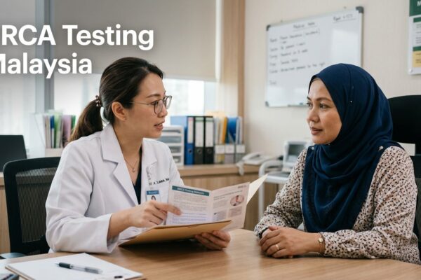 A woman discusses genetic testing with an oncologist in a Malaysian consultation room.