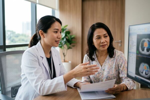 A woman and radiation oncologist review a treatment plan on a monitor.