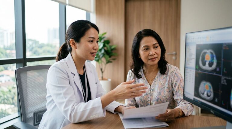 A woman and radiation oncologist review a treatment plan on a monitor.
